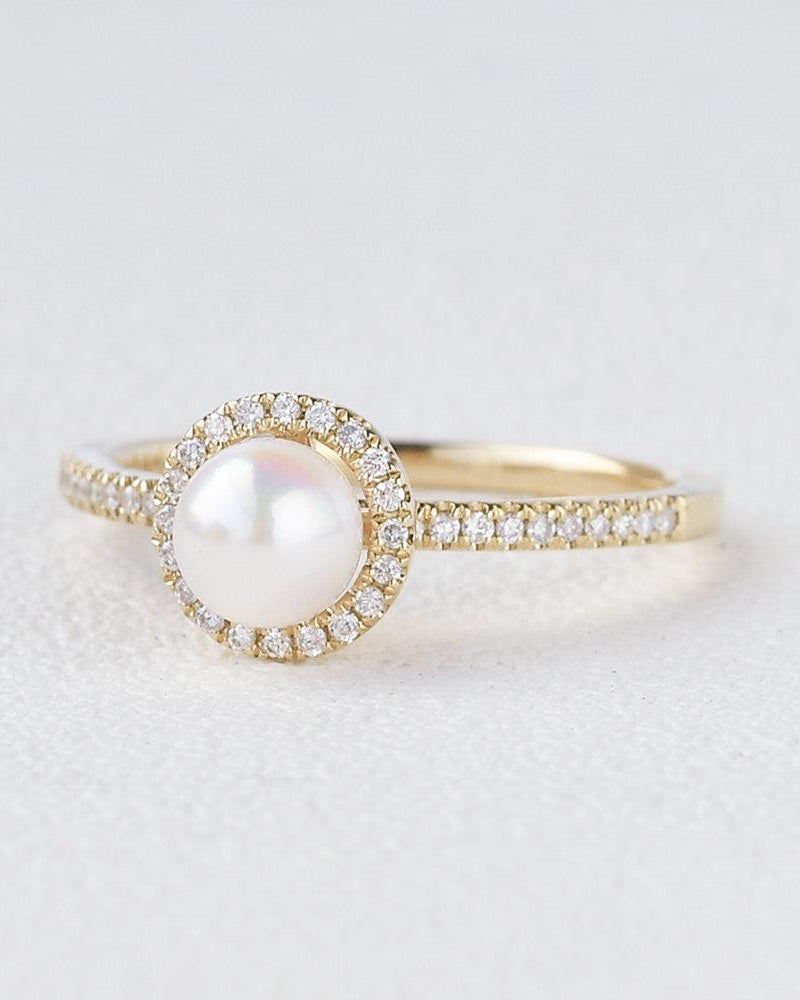 Pearl & Moissanite Yellow Gold Ring - Felicegals