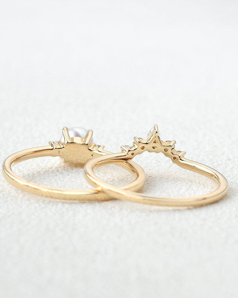 Akoya Pearl & Moissanite Yellow Gold Ring Set 2pcs - Felicegals