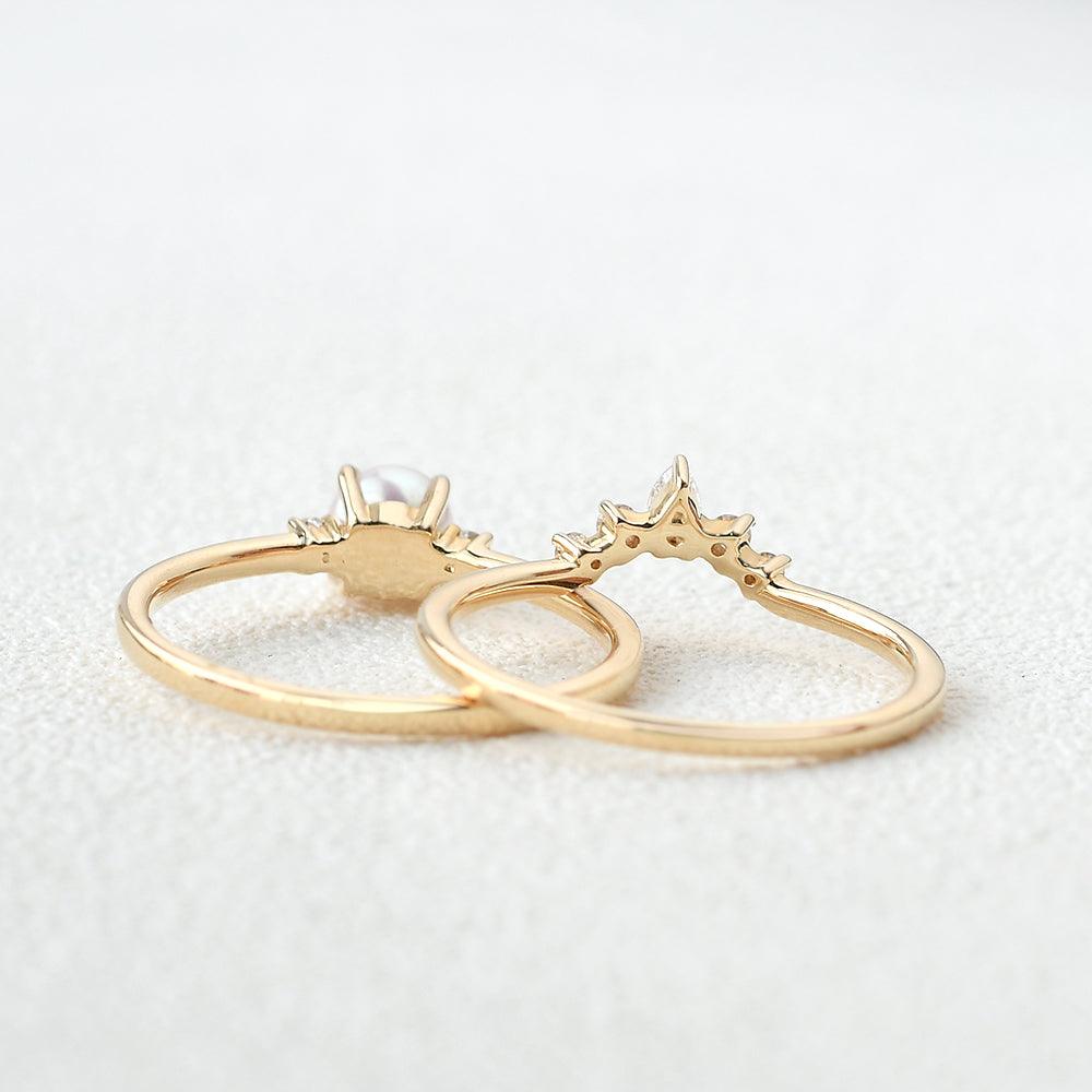Akoya Pearl & Moissanite Yellow Gold Ring Set 2pcs - Felicegals
