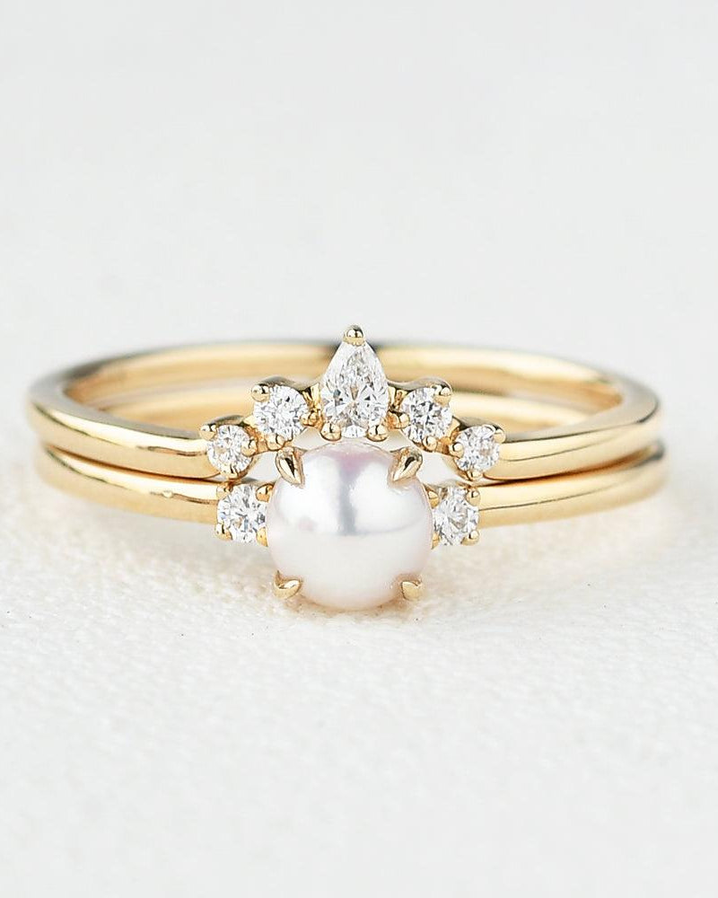 Akoya Pearl & Moissanite Yellow Gold Ring Set 2pcs - Felicegals