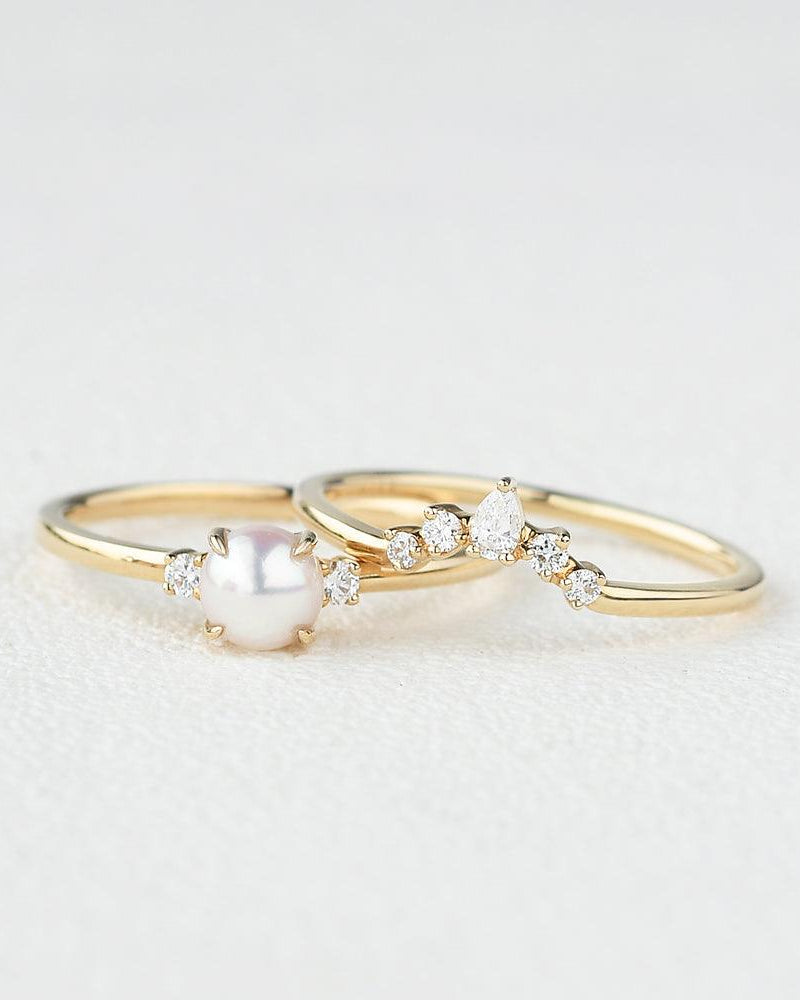 Akoya Pearl & Moissanite Yellow Gold Ring Set 2pcs - Felicegals