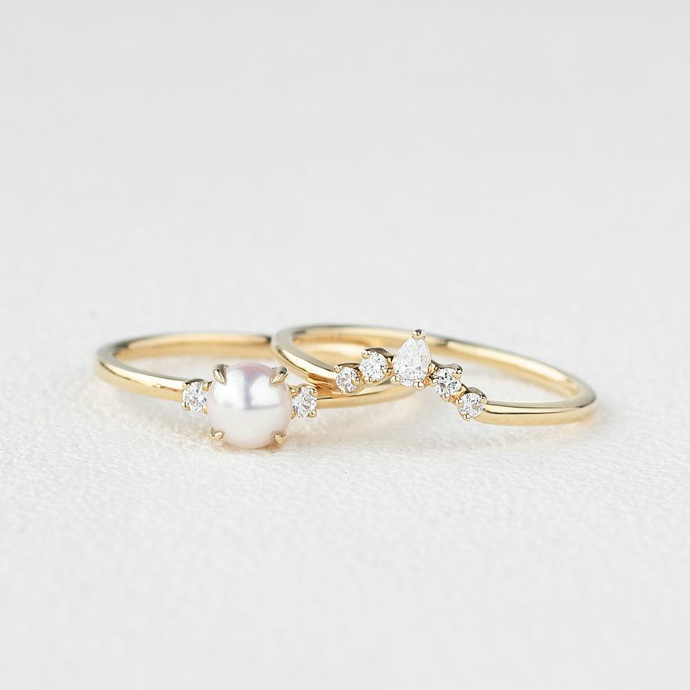 Akoya Pearl & Moissanite Yellow Gold Ring Set 2pcs - Felicegals