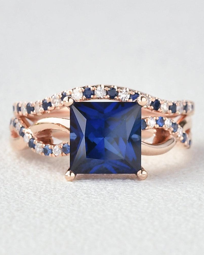 Bule Sapphire & Moissanite Retro Style Ring Set 2pcs - Felicegals