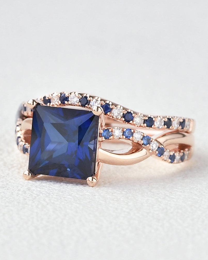 Bule Sapphire & Moissanite Retro Style Ring Set 2pcs - Felicegals