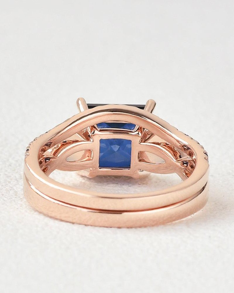 Bule Sapphire & Moissanite Retro Style Ring Set 2pcs - Felicegals