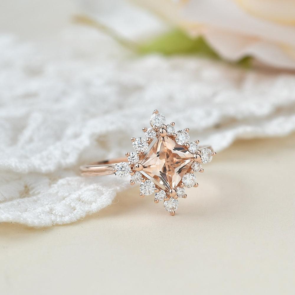 Princess Cut Morganite Rose Gold Ring - Felicegals 丨Wedding ring 丨Fashion ring 丨Diamond ring 丨Gemstone ring-Jewelry-Felicegals