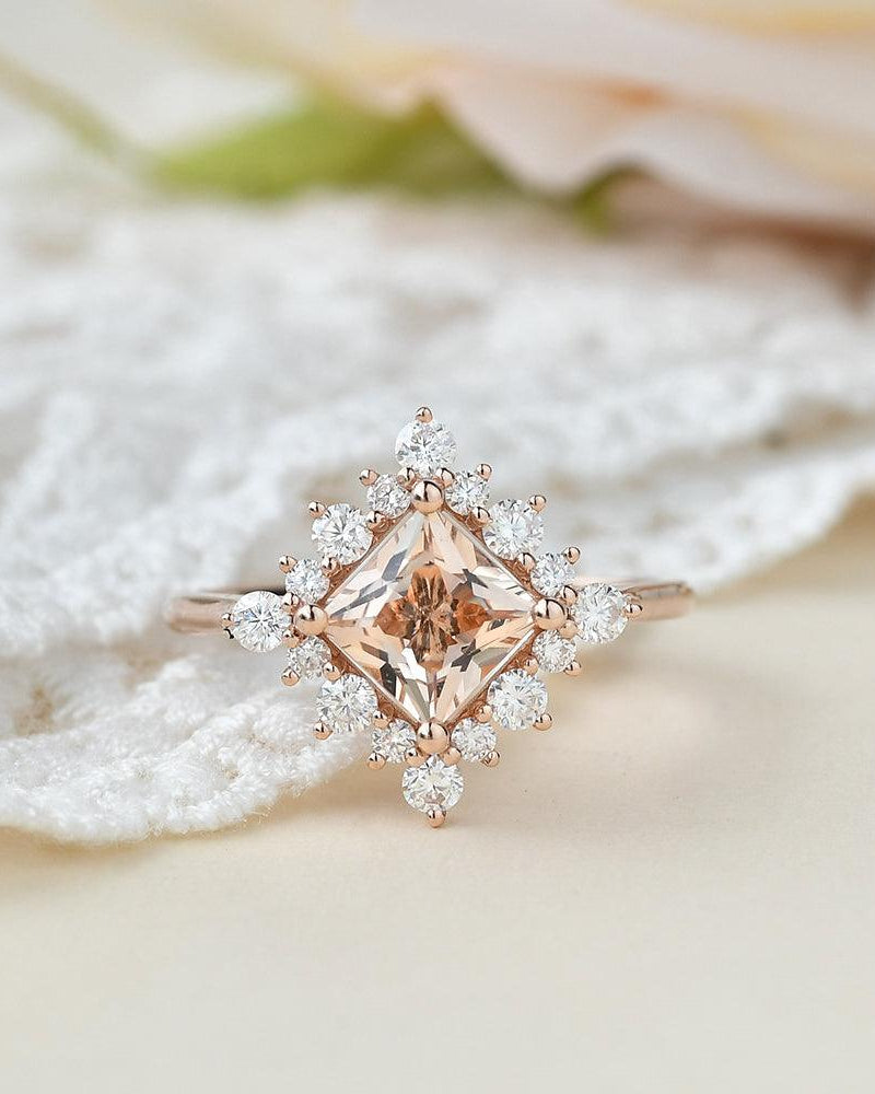 Princess Cut Morganite Rose Gold Ring - Felicegals 丨Wedding ring 丨Fashion ring 丨Diamond ring 丨Gemstone ring-Jewelry-Felicegals