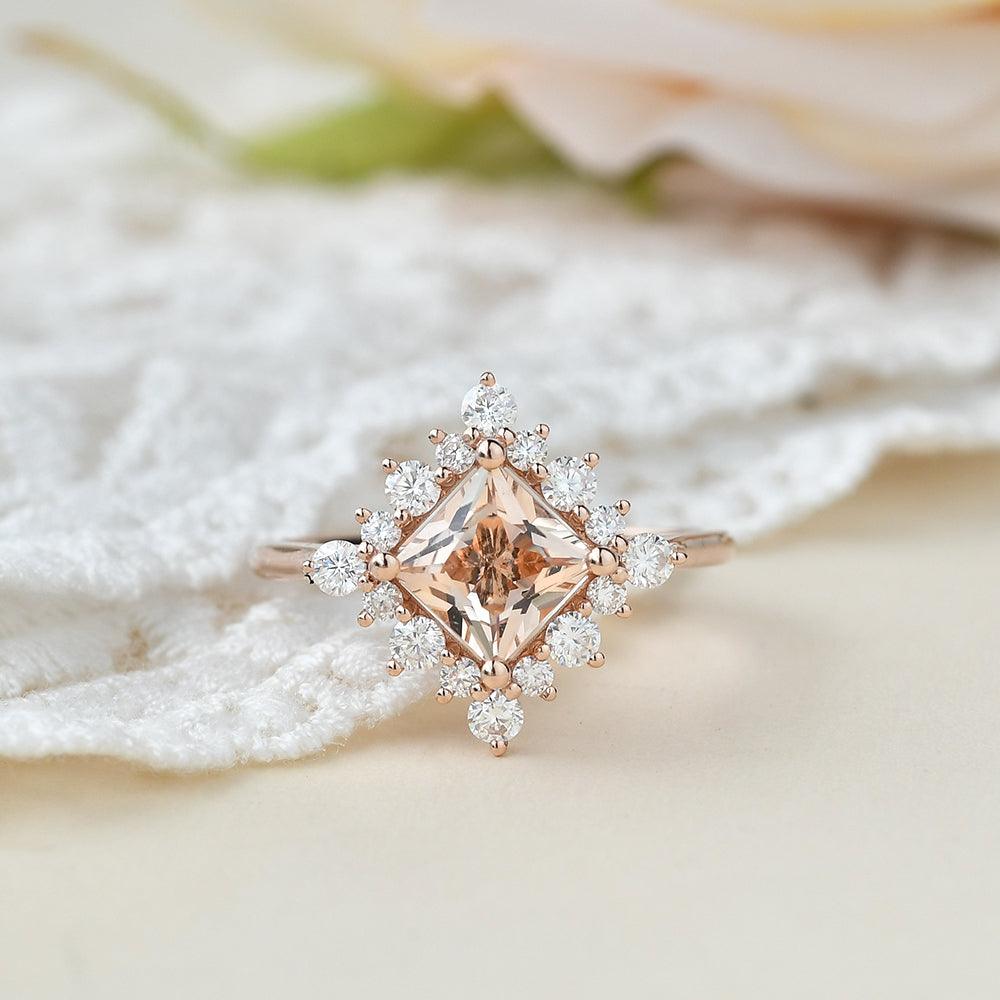 Princess Cut Morganite Rose Gold Ring - Felicegals 丨Wedding ring 丨Fashion ring 丨Diamond ring 丨Gemstone ring-Jewelry-Felicegals