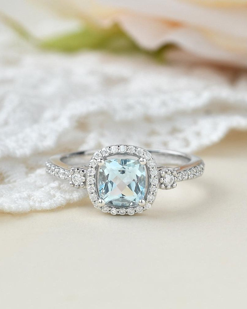 Cushion Cut Aquamarine White Gold Ring - Felicegals 丨Wedding ring 丨Fashion ring 丨Diamond ring 丨Gemstone ring-Jewelry-Felicegals