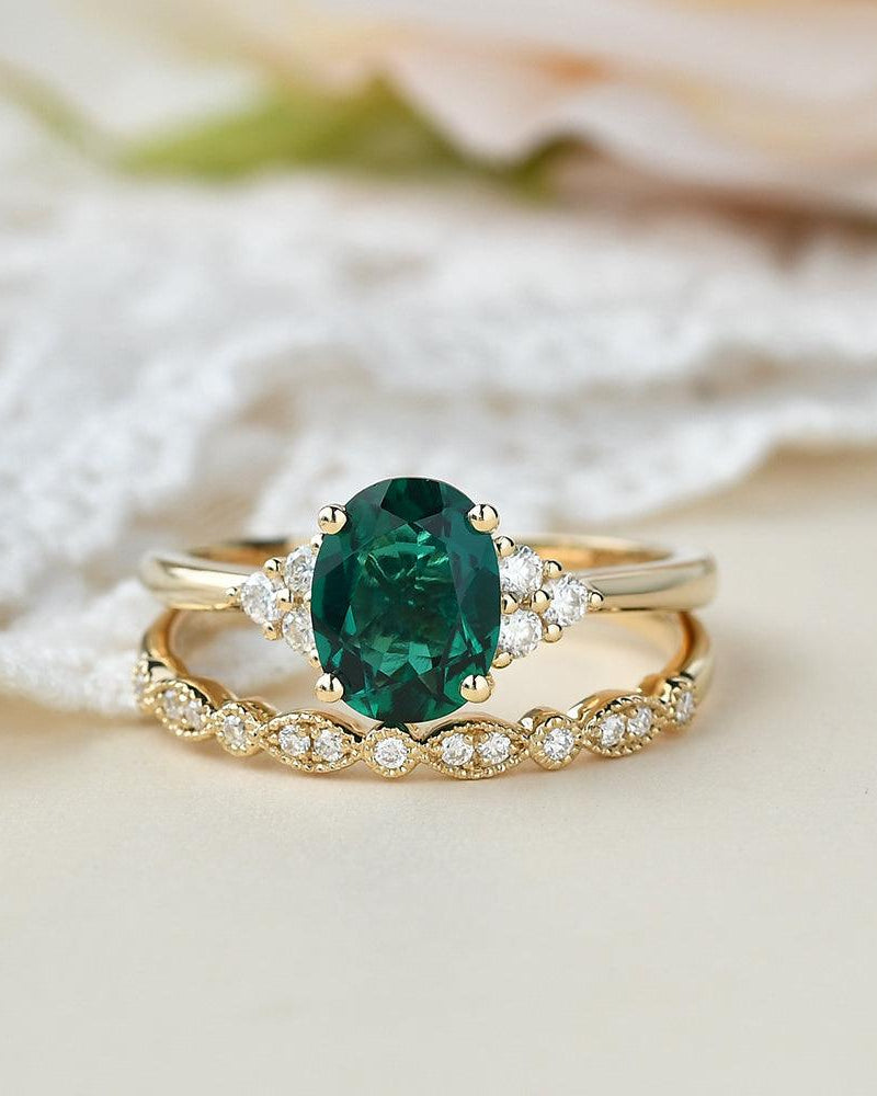 2ct Lab Emerald Oval Cut Yellow Gold Ring Set 2pcs - Felicegals 丨Wedding ring 丨Fashion ring 丨Diamond ring 丨Gemstone ring-Jewelry-Felicegals
