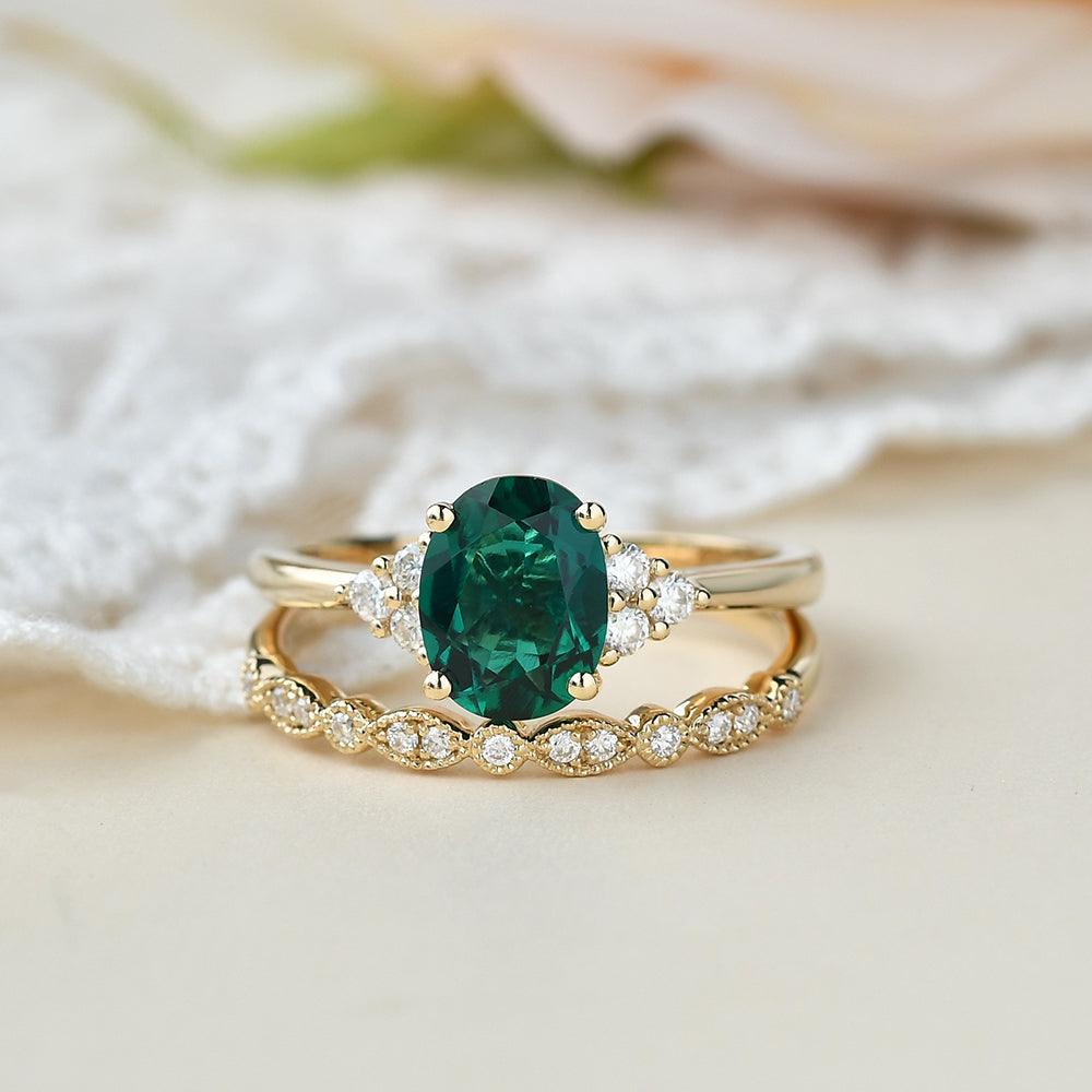 2ct Lab Emerald Oval Cut Yellow Gold Ring Set 2pcs - Felicegals 丨Wedding ring 丨Fashion ring 丨Diamond ring 丨Gemstone ring-Jewelry-Felicegals