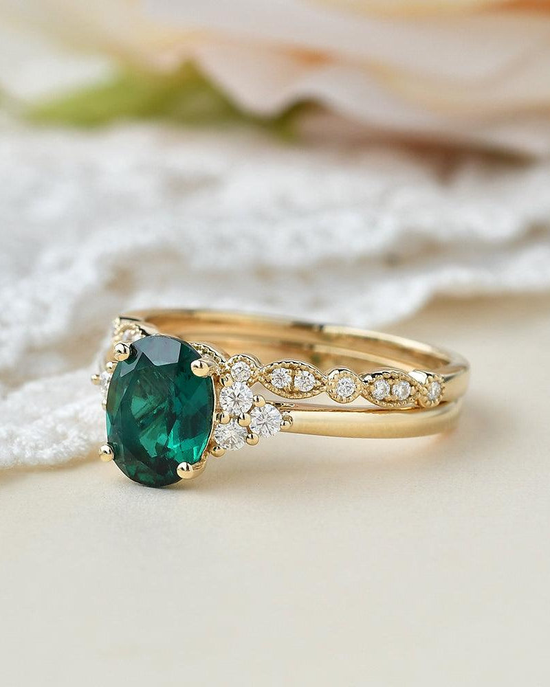 2ct Lab Emerald Oval Cut Yellow Gold Ring Set 2pcs - Felicegals 丨Wedding ring 丨Fashion ring 丨Diamond ring 丨Gemstone ring-Jewelry-Felicegals