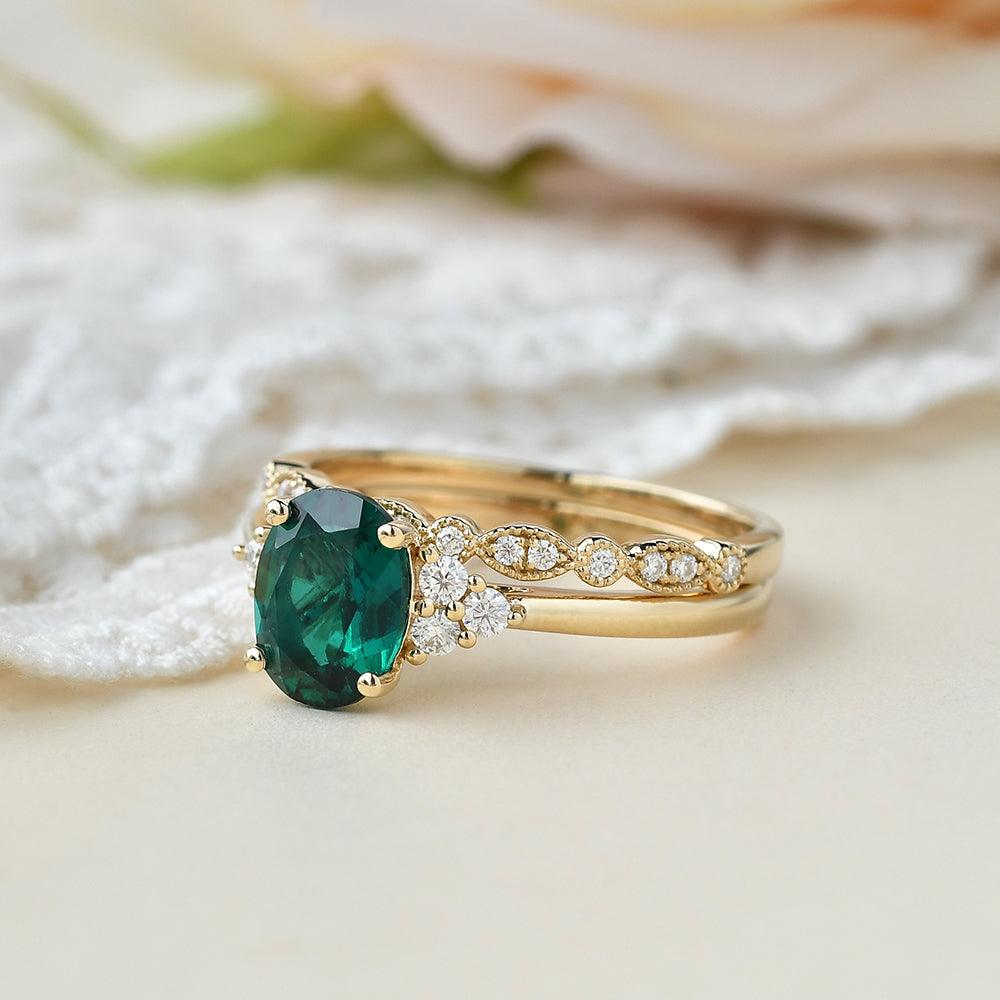 2ct Lab Emerald Oval Cut Yellow Gold Ring Set 2pcs - Felicegals 丨Wedding ring 丨Fashion ring 丨Diamond ring 丨Gemstone ring-Jewelry-Felicegals