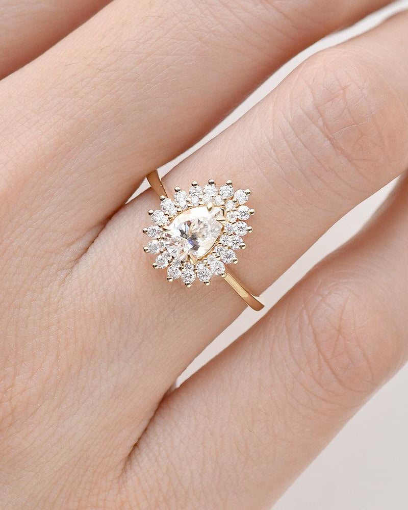 Stacking Moissanite Yellow Gold Halo Ring - Felicegals