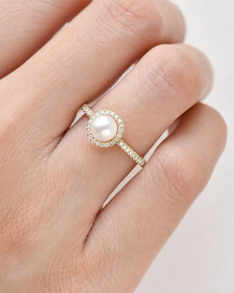 Pearl & Moissanite Yellow Gold Ring - Felicegals