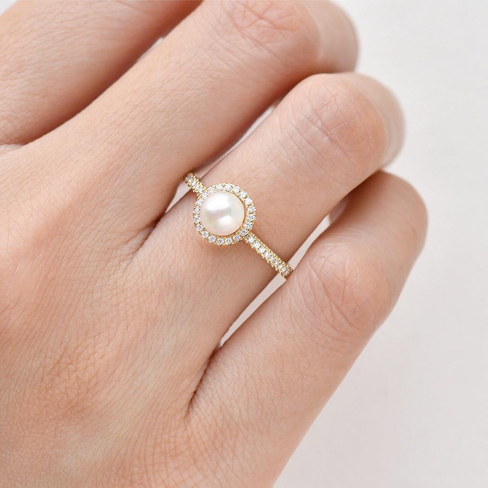 Pearl & Moissanite Yellow Gold Ring - Felicegals