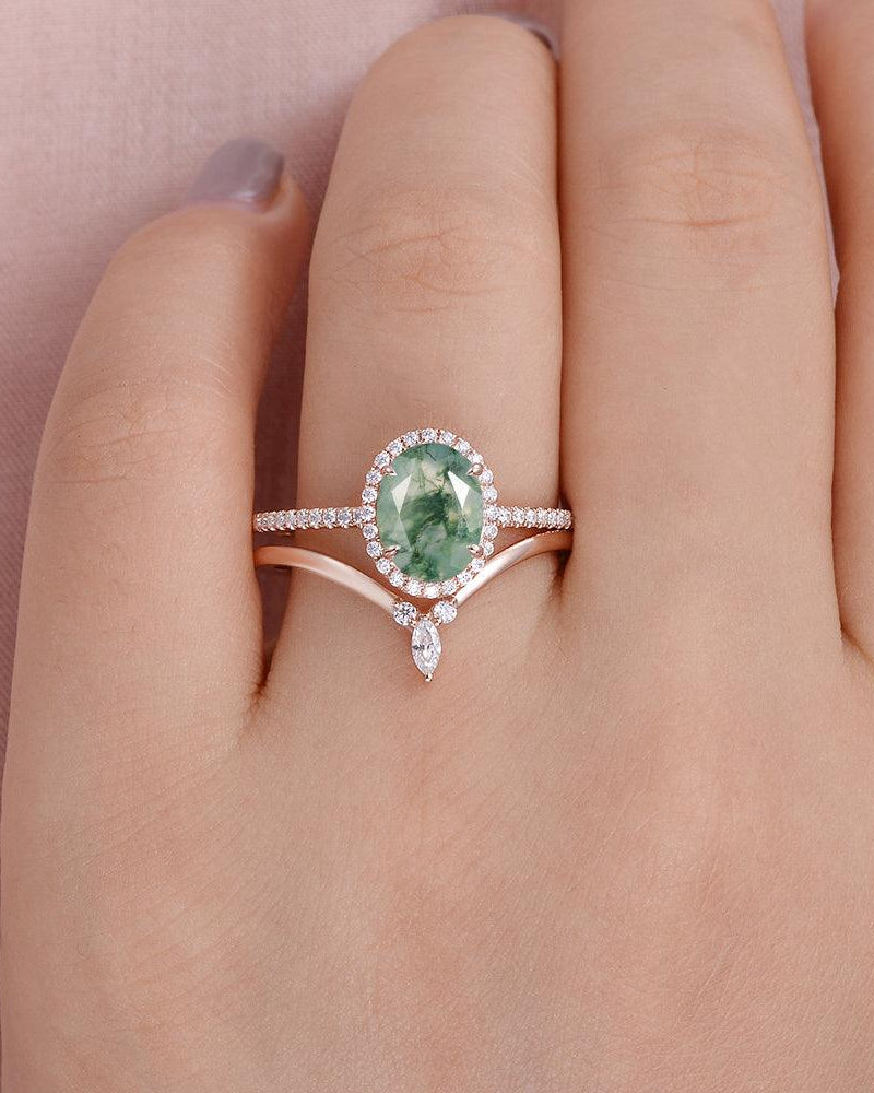 Oval Cut Moss Agate Halo Rose Gold Ring Set 2pcs - Felicegals 丨Wedding ring 丨Fashion ring 丨Diamond ring 丨Gemstone ring-Rings-Felicegals 丨Wedding ring 丨Fashion ring 丨Diamond ring 丨Gemstone ring