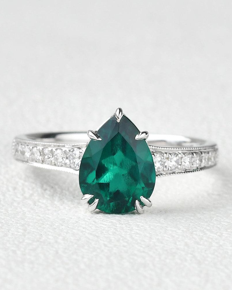 1.5ct Pear Shaped Lab Emerald White Gold Ring - Felicegals