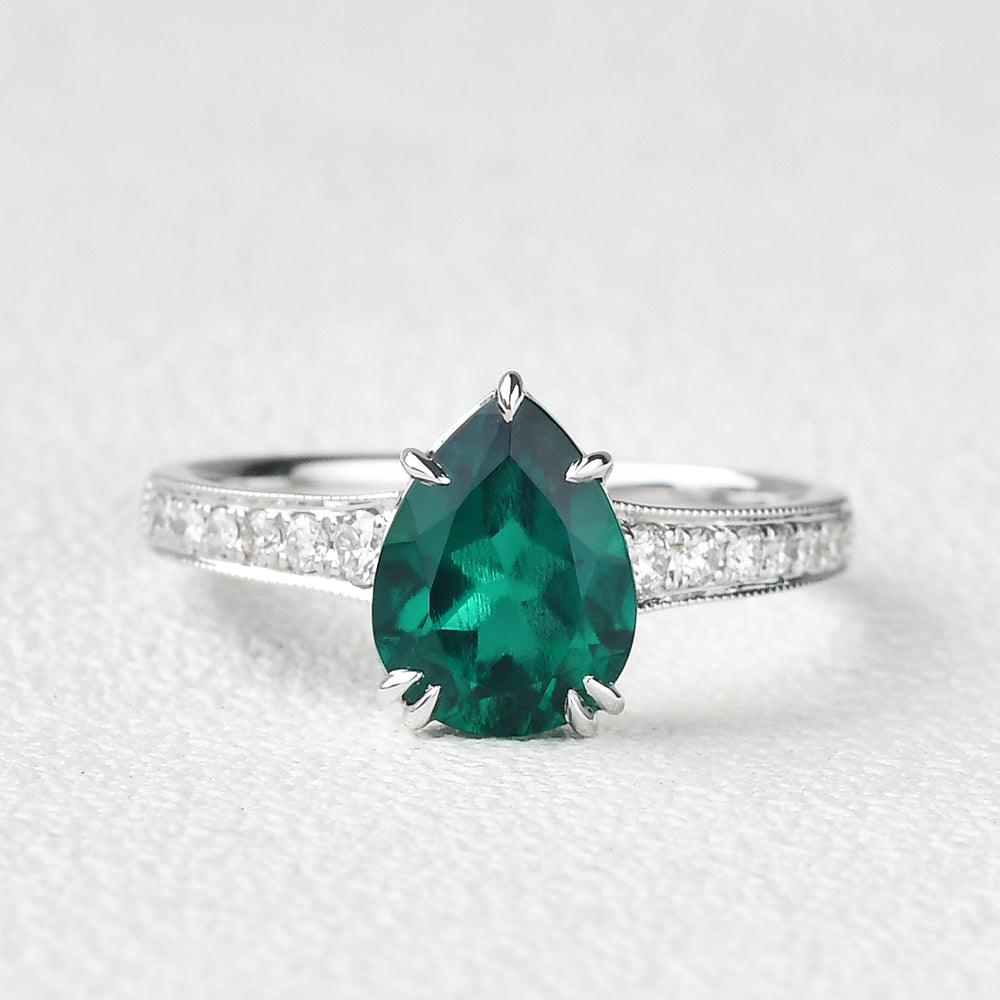 1.5ct Pear Shaped Lab Emerald White Gold Ring - Felicegals