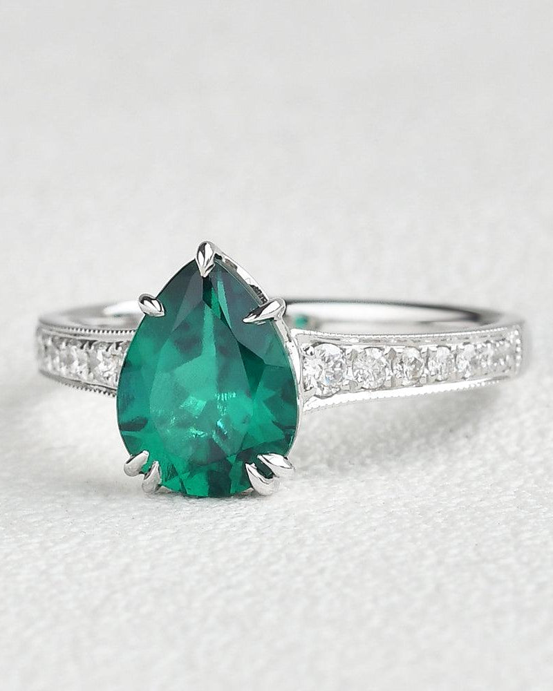 1.5ct Pear Shaped Lab Emerald White Gold Ring - Felicegals