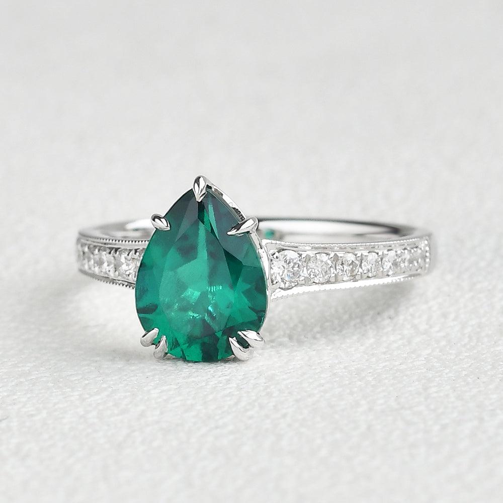 1.5ct Pear Shaped Lab Emerald White Gold Ring - Felicegals