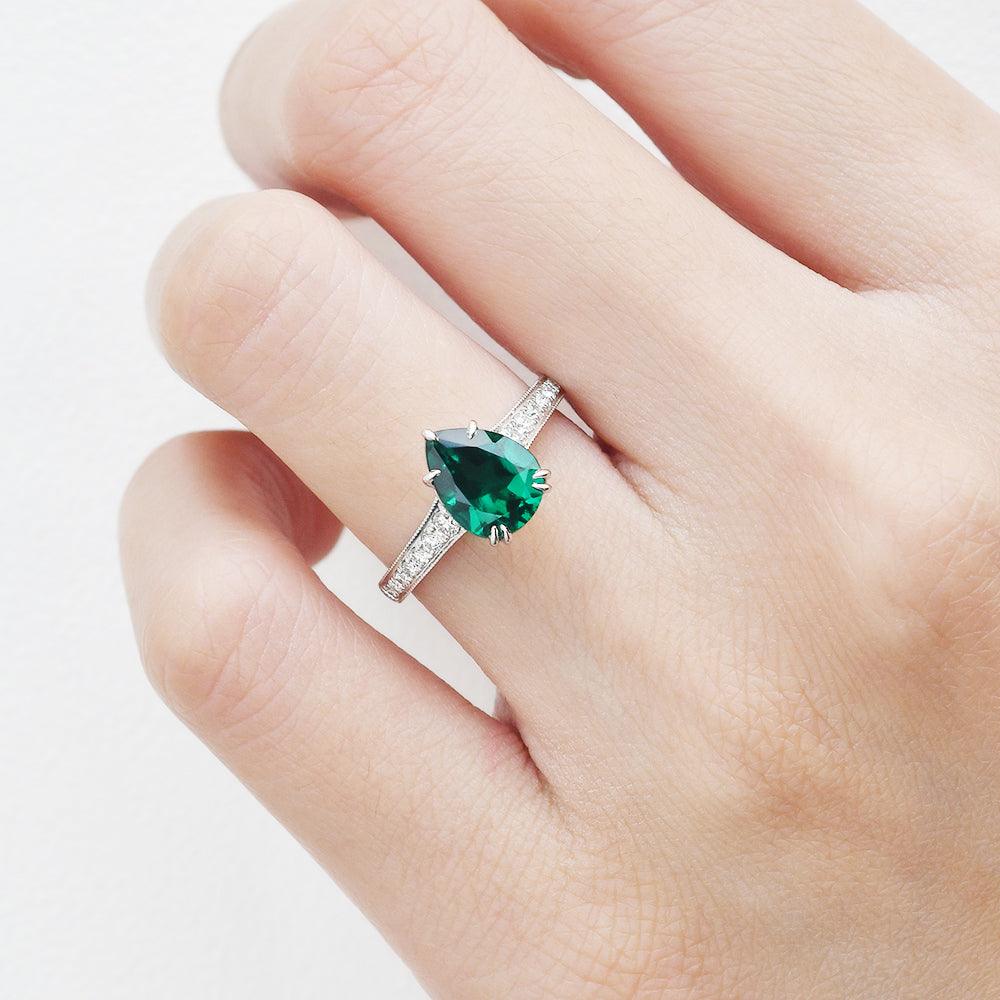 1.5ct Pear Shaped Lab Emerald White Gold Ring - Felicegals