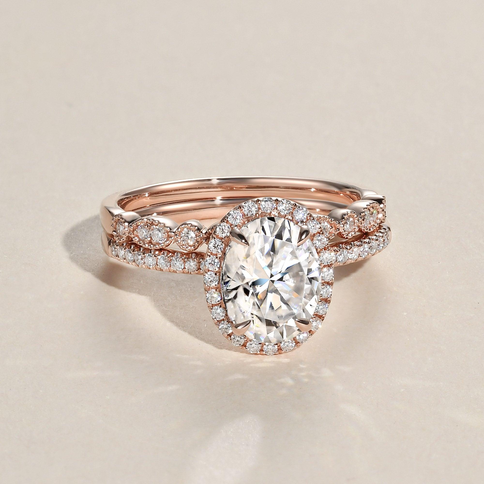 2.0ct Oval Moissanite Pave Vintage Halo Ring Set 2pcs - Felicegals 丨Wedding ring 丨Fashion ring 丨Diamond ring 丨Gemstone ring