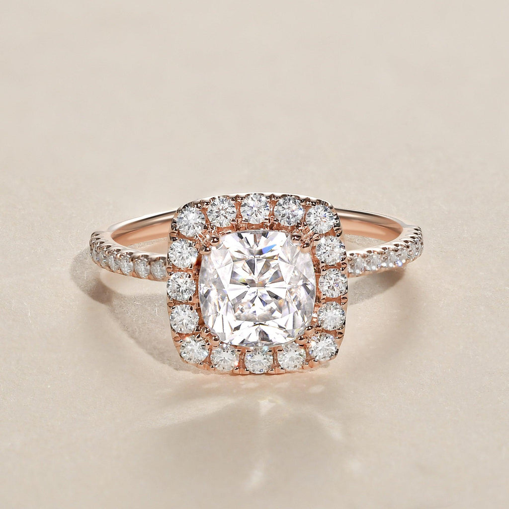 1.0ct Cushion Cut Moissanite Pave Halo Gold Ring - Felicegals 丨Wedding ring 丨Fashion ring 丨Diamond ring 丨Gemstone ring
