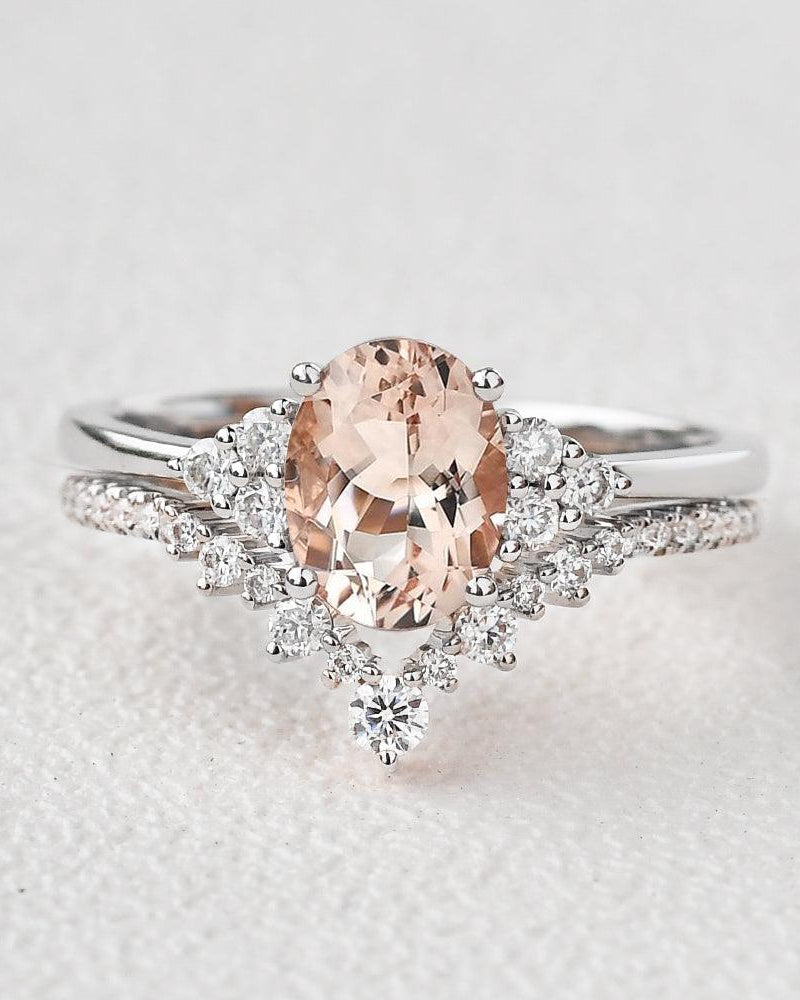 Peachy Morganite Oval Classic Ring Set 2pcs - Felicegals