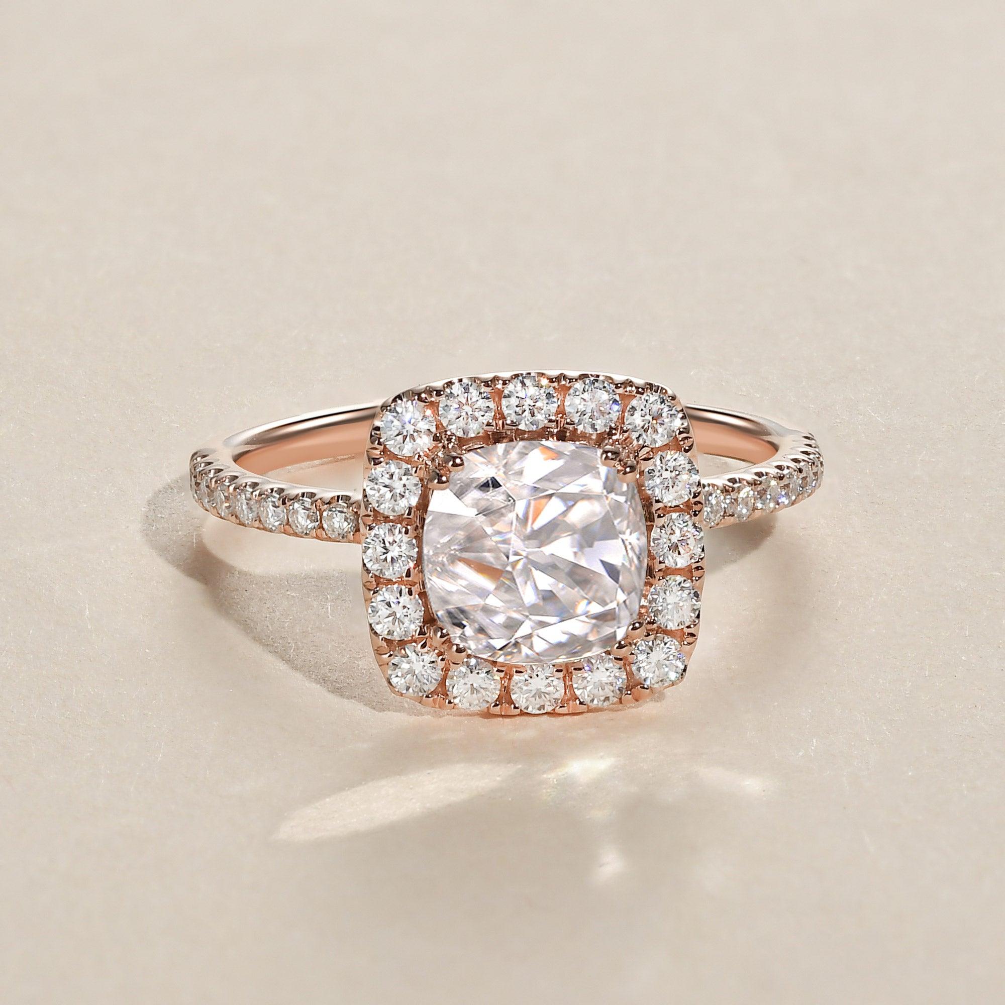 1.0ct Cushion Cut Moissanite Pave Halo Gold Ring - Felicegals 丨Wedding ring 丨Fashion ring 丨Diamond ring 丨Gemstone ring