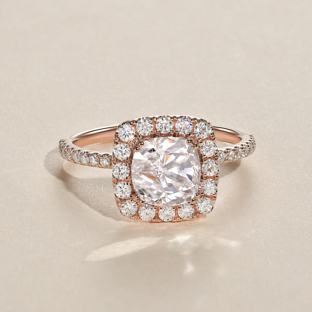 1.0ct Cushion Cut Moissanite Pave Halo Gold Ring - Felicegals 丨Wedding ring 丨Fashion ring 丨Diamond ring 丨Gemstone ring
