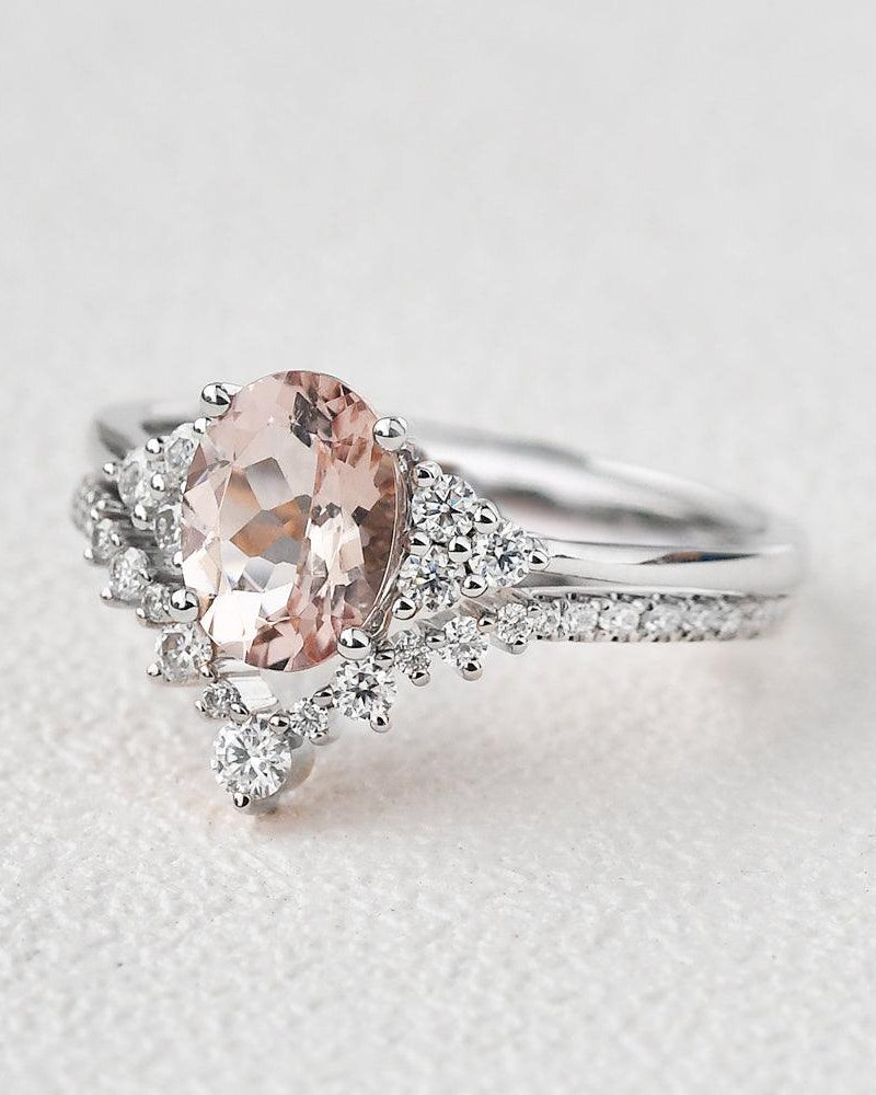 Peachy Morganite Oval Classic Ring Set 2pcs - Felicegals