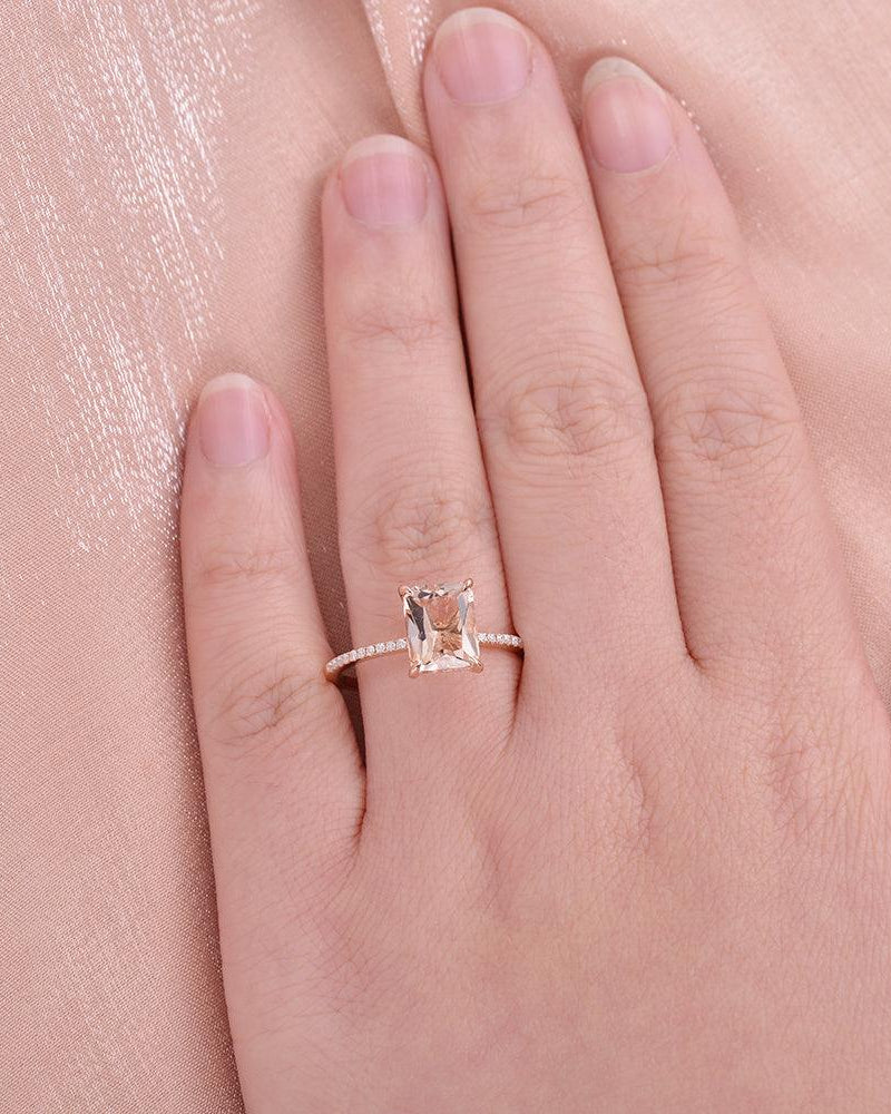 7*9mm Peachy Morganite Radiant Cut Ring - Felicegals 丨Wedding ring 丨Fashion ring 丨Diamond ring 丨Gemstone ring--Felicegals
