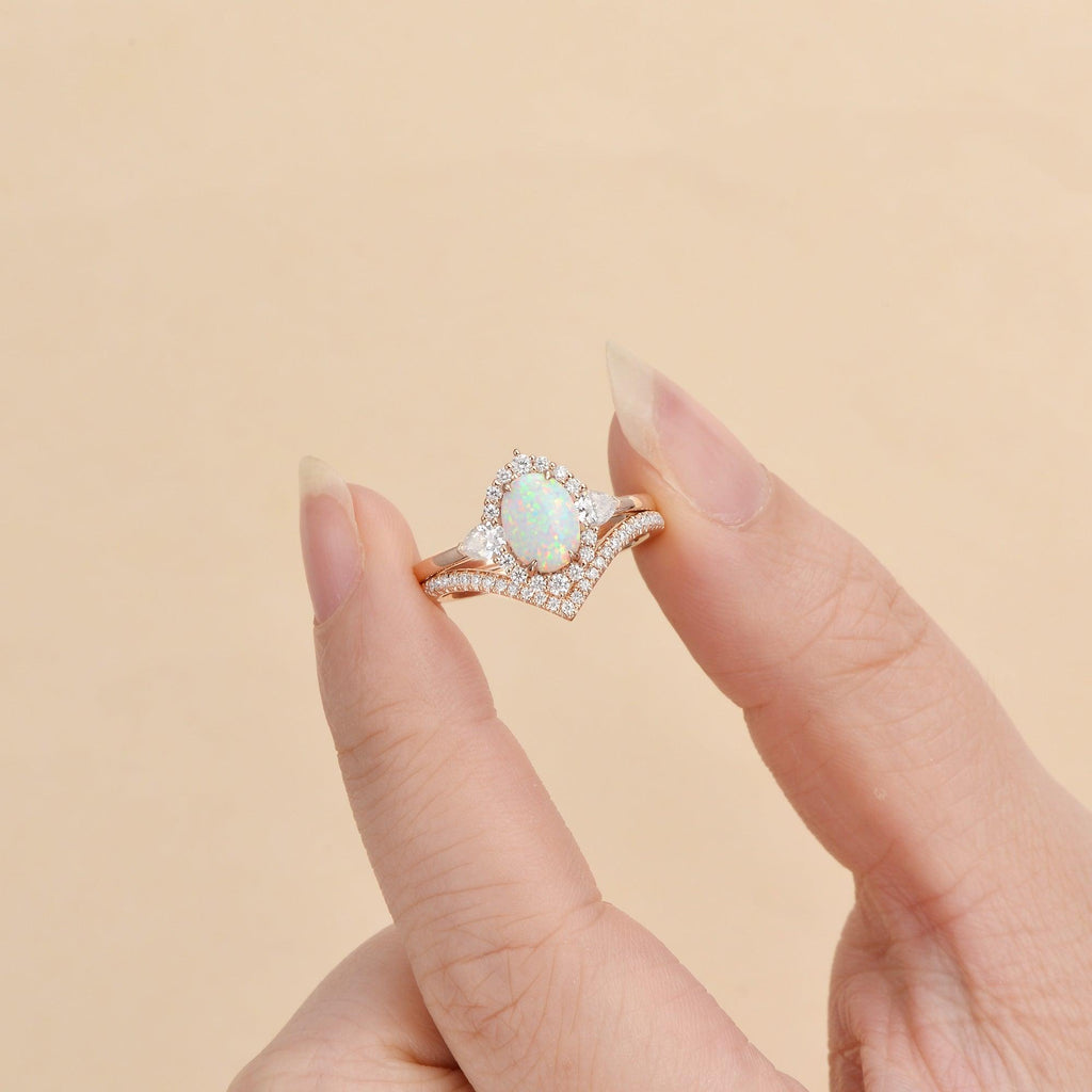 1.5ct Oval Opal Vintage Halo Ring Set 2pcs - Felicegals 丨Wedding ring 丨Fashion ring 丨Diamond ring 丨Gemstone ring