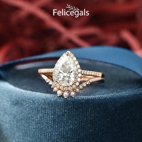 Custom ring for babss17 3.5ct Moissanite & Freshwater Pearls Ring Set 2pcs/ 10.5 / Solid 14K Rose Gold - Felicegals 丨Wedding ring 丨Fashion ring 丨Diamond ring 丨Gemstone ring--Felicegals