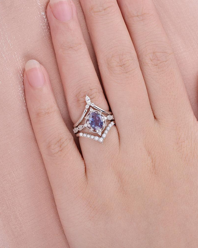 Felicegals Oval Cut Alexandrite Vintage Ring Set 3pcs - Felicegals 丨Wedding ring 丨Fashion ring 丨Diamond ring 丨Gemstone ring-Jewelry-Felicegals 丨Wedding ring 丨Fashion ring 丨Diamond ring 丨Gemstone ring