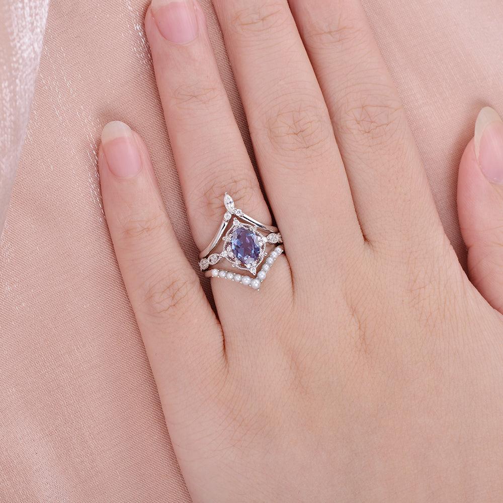 Felicegals Oval Cut Alexandrite Vintage Ring Set 3pcs - Felicegals 丨Wedding ring 丨Fashion ring 丨Diamond ring 丨Gemstone ring-Jewelry-Felicegals 丨Wedding ring 丨Fashion ring 丨Diamond ring 丨Gemstone ring