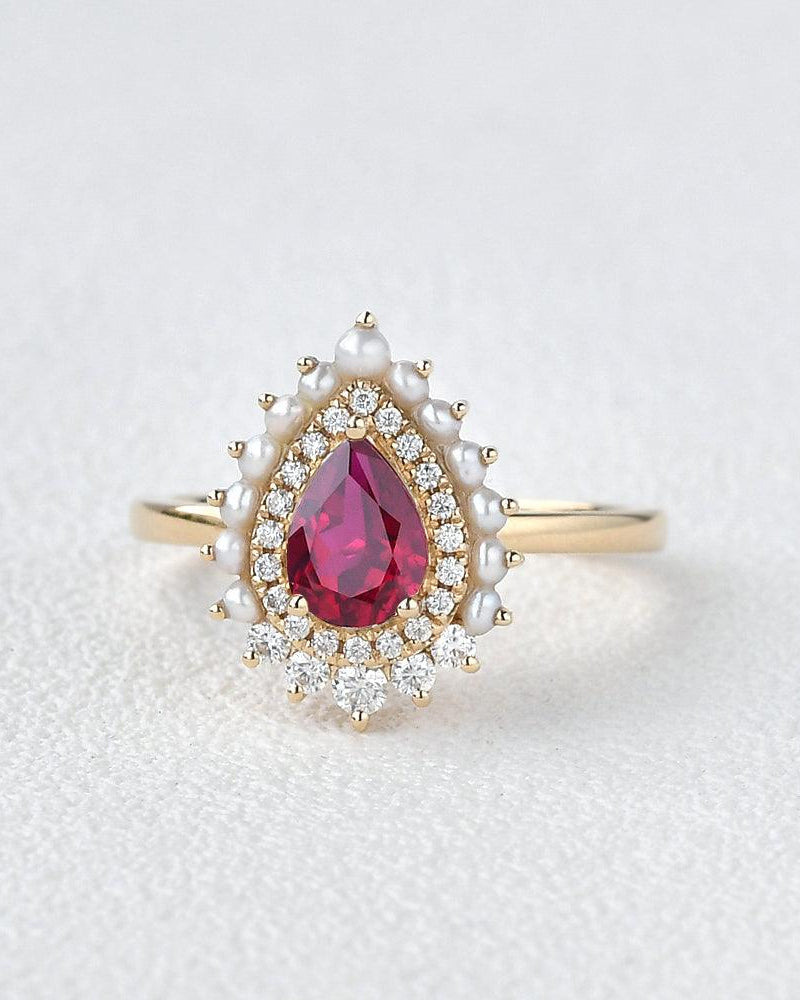 Lab Ruby & Pearls Vintage Inspired Halo Yellow Gold Ring - Felicegals 丨Wedding ring 丨Fashion ring 丨Diamond ring 丨Gemstone ring-Jewelry-Felicegals 丨Wedding ring 丨Fashion ring 丨Diamond ring 丨Gemstone ring