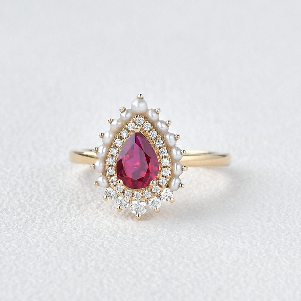 Lab Ruby & Pearls Vintage Inspired Halo Yellow Gold Ring - Felicegals 丨Wedding ring 丨Fashion ring 丨Diamond ring 丨Gemstone ring-Jewelry-Felicegals 丨Wedding ring 丨Fashion ring 丨Diamond ring 丨Gemstone ring