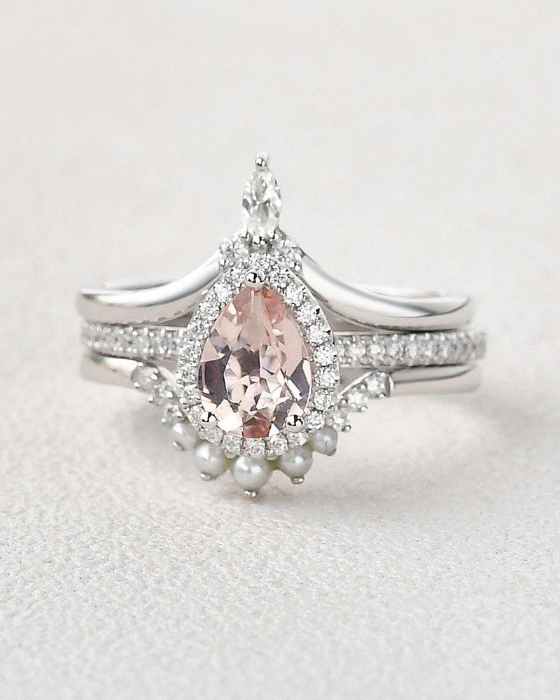 Pear Shaped Morganite & Pearl White Gold Halo Ring Set 3pcs - Felicegals 丨Wedding ring 丨Fashion ring 丨Diamond ring 丨Gemstone ring--Felicegals 丨Wedding ring 丨Fashion ring 丨Diamond ring 丨Gemstone ring