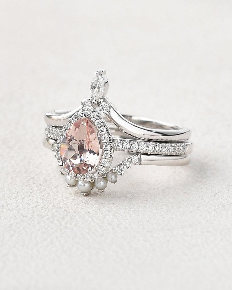 Pear Shaped Morganite & Pearl White Gold Halo Ring Set 3pcs - Felicegals 丨Wedding ring 丨Fashion ring 丨Diamond ring 丨Gemstone ring--Felicegals 丨Wedding ring 丨Fashion ring 丨Diamond ring 丨Gemstone ring