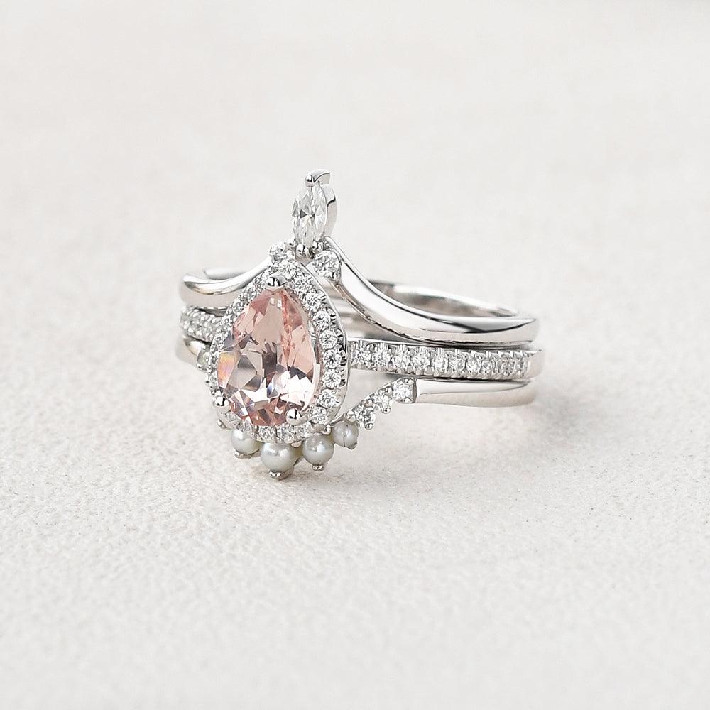 Pear Shaped Morganite & Pearl White Gold Halo Ring Set 3pcs - Felicegals 丨Wedding ring 丨Fashion ring 丨Diamond ring 丨Gemstone ring--Felicegals 丨Wedding ring 丨Fashion ring 丨Diamond ring 丨Gemstone ring