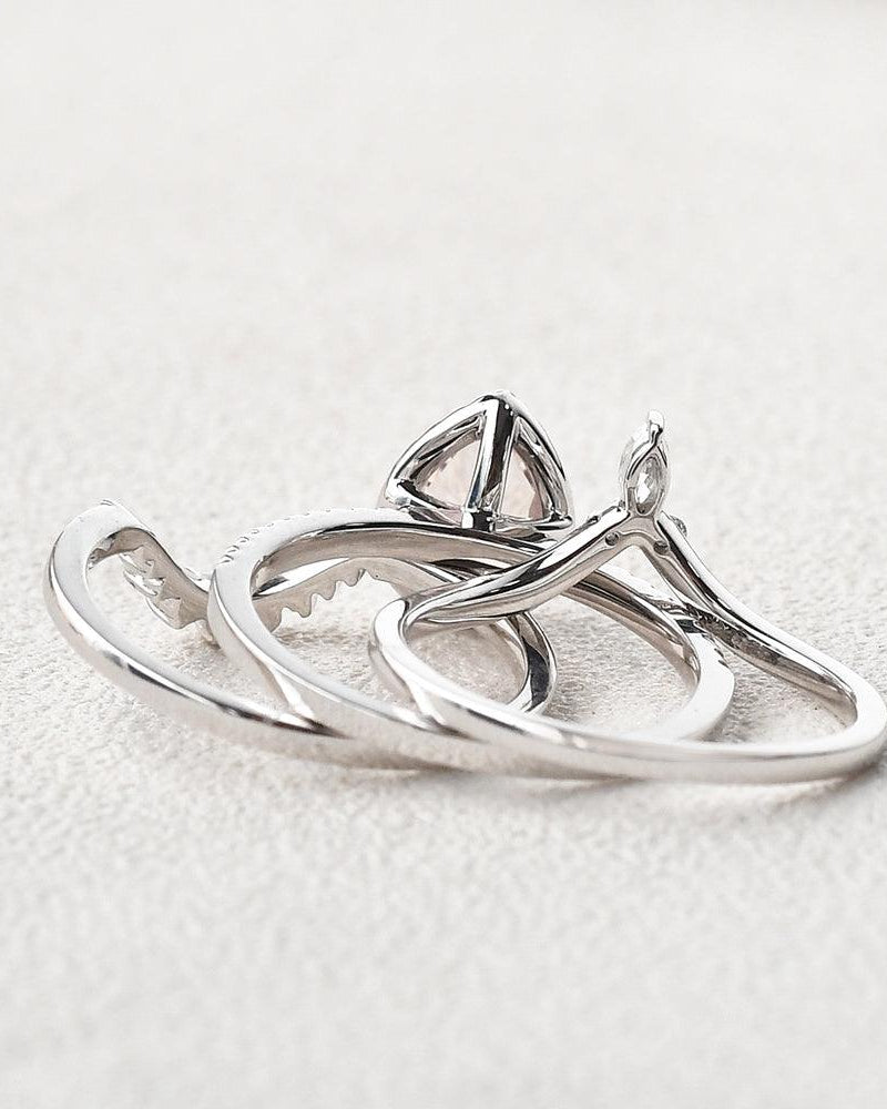 Pear Shaped Morganite & Pearl White Gold Halo Ring Set 3pcs - Felicegals 丨Wedding ring 丨Fashion ring 丨Diamond ring 丨Gemstone ring--Felicegals 丨Wedding ring 丨Fashion ring 丨Diamond ring 丨Gemstone ring