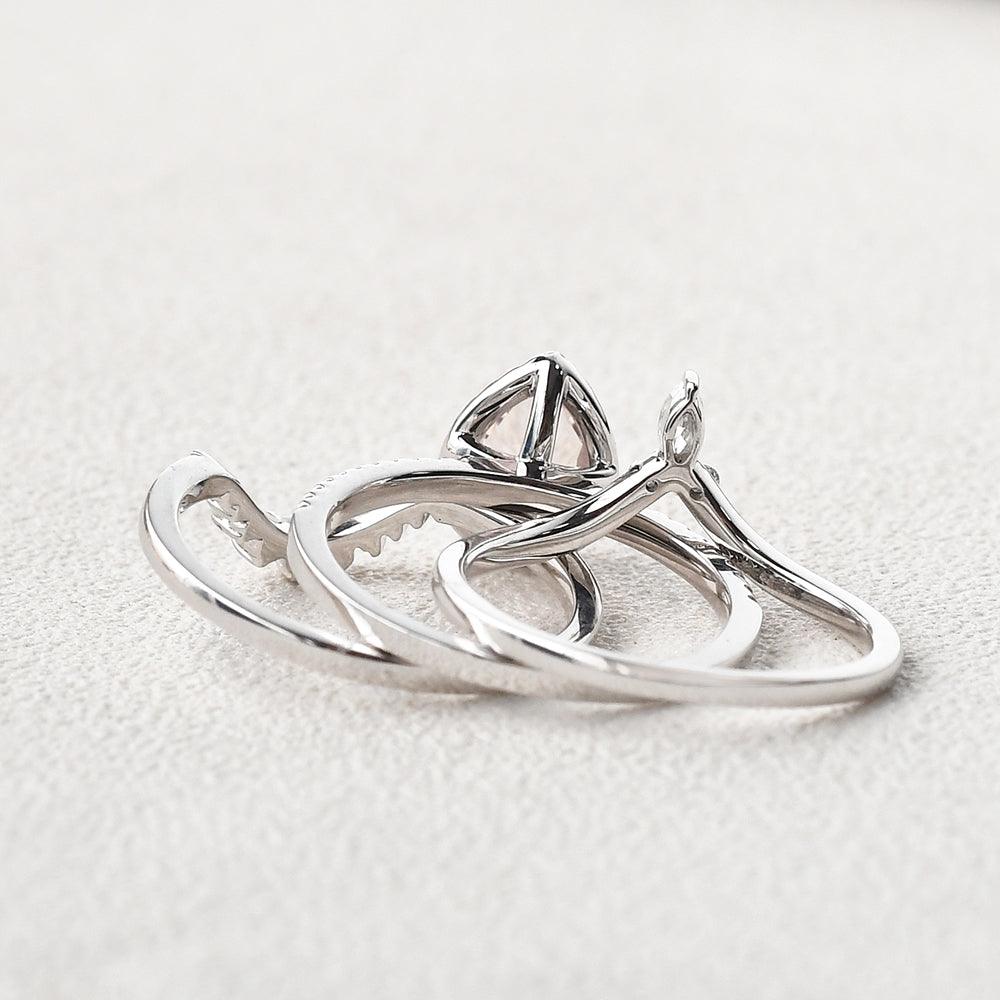 Pear Shaped Morganite & Pearl White Gold Halo Ring Set 3pcs - Felicegals 丨Wedding ring 丨Fashion ring 丨Diamond ring 丨Gemstone ring--Felicegals 丨Wedding ring 丨Fashion ring 丨Diamond ring 丨Gemstone ring