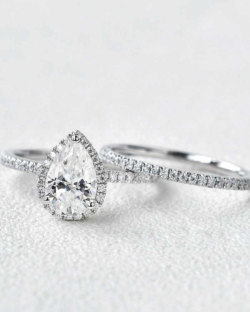 1.2ct Pear Shaped Moissanite White Gold Ring Set 2pcs - Felicegals