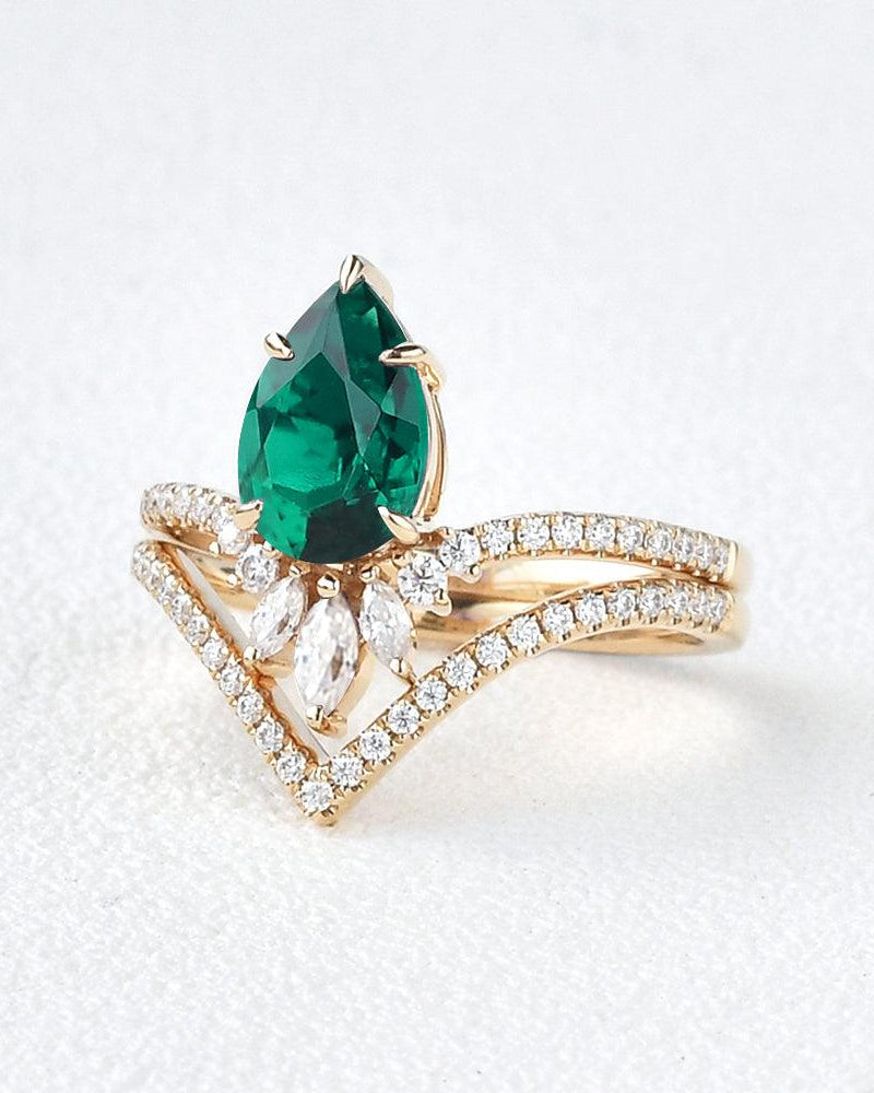 Pear Shaped Emerald Yellow Gold Ring Set 2pcs - Felicegals 丨Wedding ring 丨Fashion ring 丨Diamond ring 丨Gemstone ring--Felicegals