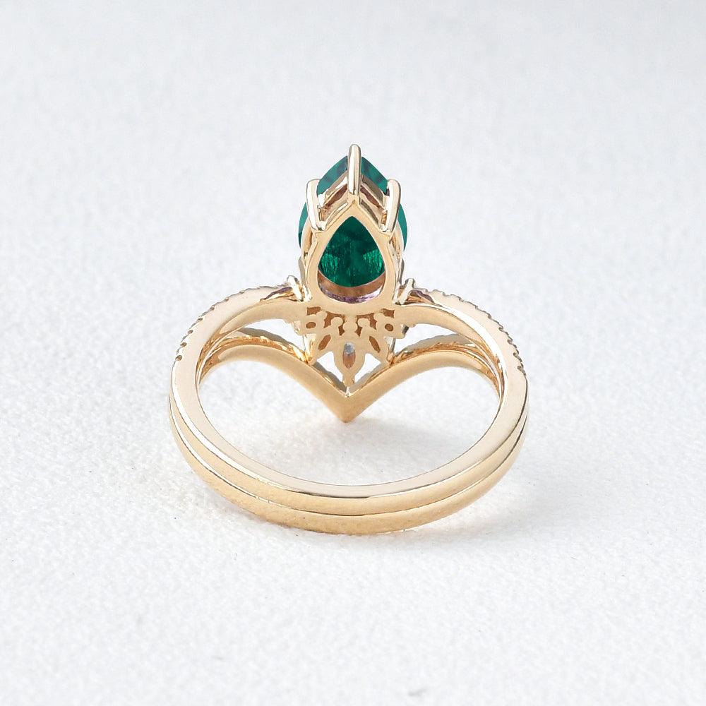 Pear Shaped Emerald Yellow Gold Ring Set 2pcs - Felicegals 丨Wedding ring 丨Fashion ring 丨Diamond ring 丨Gemstone ring--Felicegals