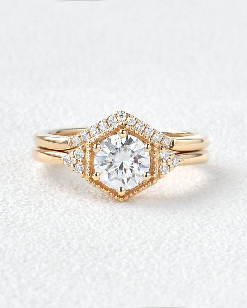 Geometric Moissanite Yellow Gold Ring Set 2pcs - Felicegals