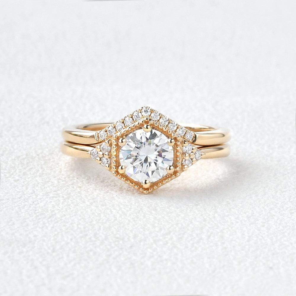 Geometric Moissanite Yellow Gold Ring Set 2pcs - Felicegals
