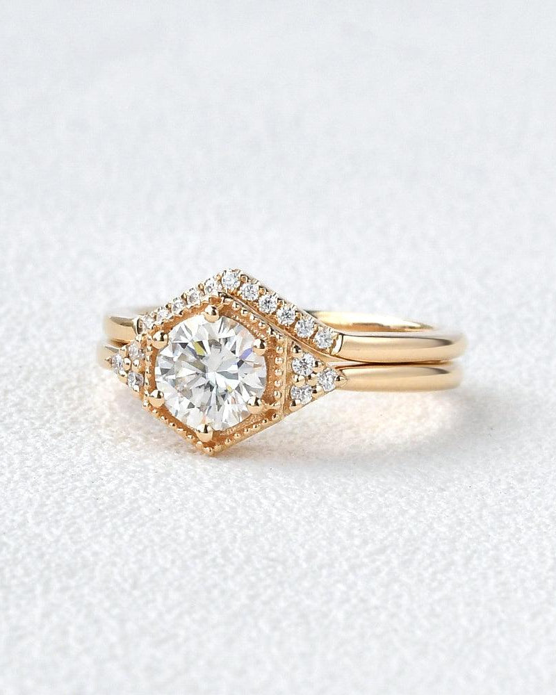 Geometric Moissanite Yellow Gold Ring Set 2pcs - Felicegals